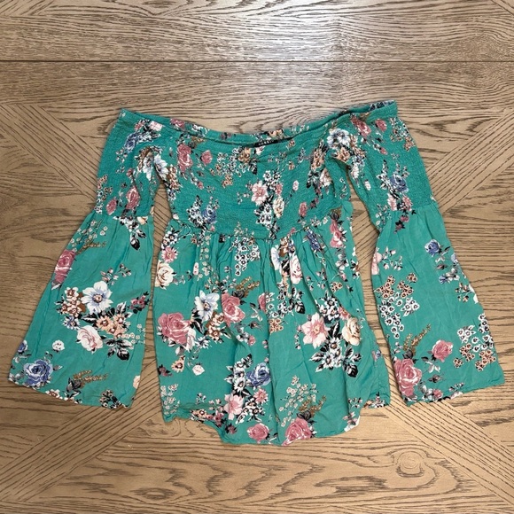 Torrid Floral Off-Shoulder Top Boho Babe Smocked Peasant Blue Green Teal XXS - Picture 1 of 6